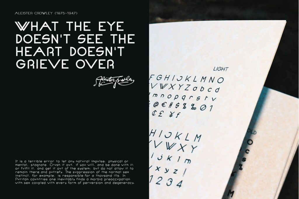 Thelema Typeface takes its inspiration from an esoteric and occult spiritual philosophy and religious movement developed by Aleister Crowley.