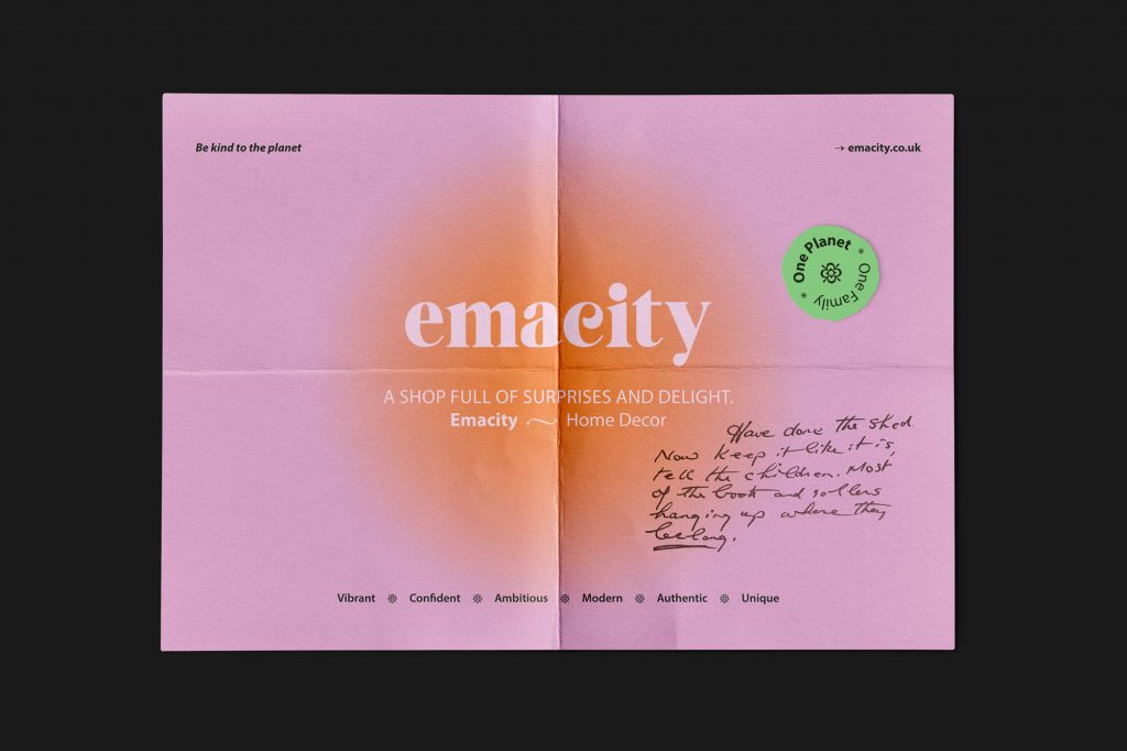 Draws on colours to embrace the environmental commitment, the vibrant identity for the little shop Emacity
