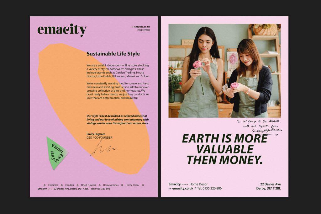 Draws on colours to embrace the environmental commitment, the vibrant identity for the little shop Emacity
